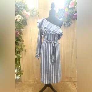 Banana Republic One Shoulder Striped Belted Collar Ruffle Shirt Dress.SZ10(Tall)